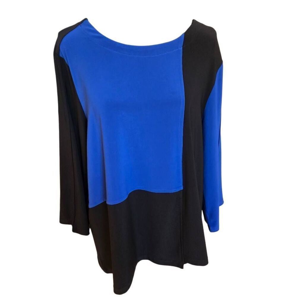 O.U.R.S. Women's Colorblock Crew Neck 3/4 Sleeve Top Royal Blue Black Medium